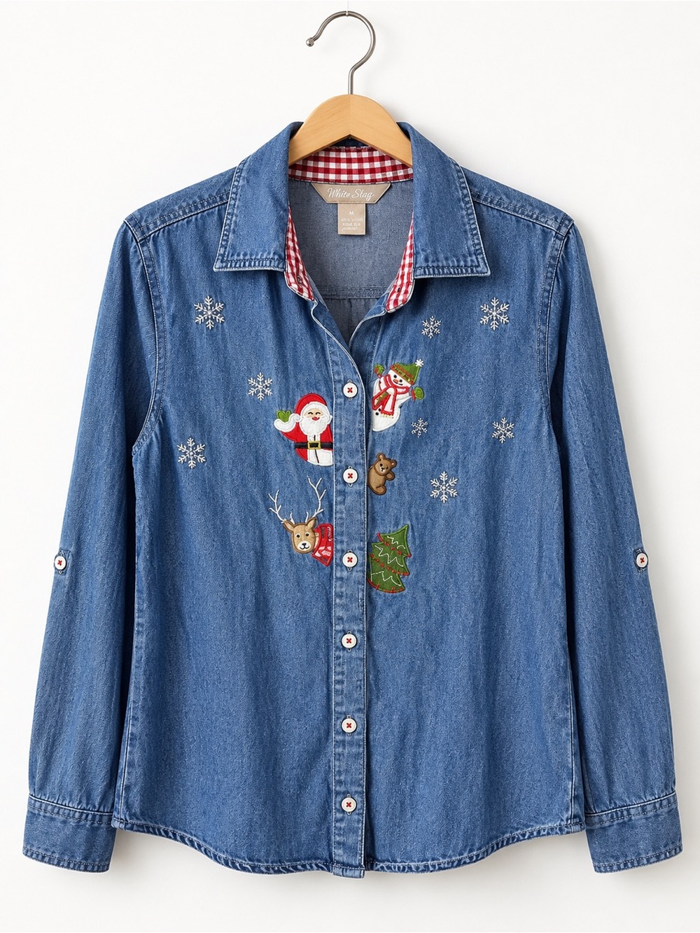 White Stag Christmas Denim Shirt Medium Embroidered Santa Reindeer Snowman
